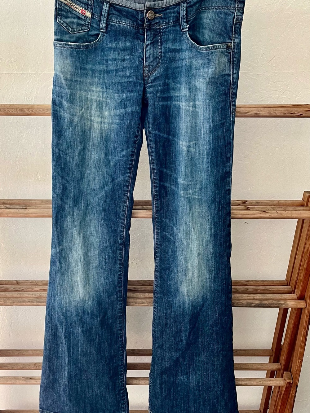 Diesel 2000’s Dark Blue ‘Melty’ Low Rise Bootcut Jeans with Washed Finish